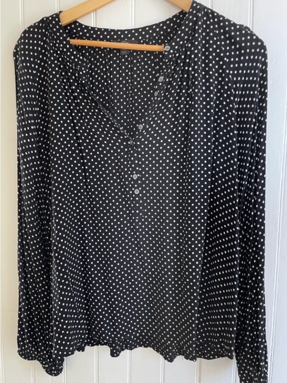 J. Crew Black and White Polka Dot Popover Henley Blouse fix 1x-2x